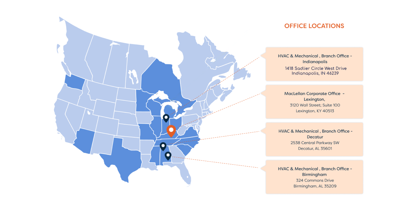 Map of MacLellan locations showing 4 office locations in Indianapolis, Lexington, Decatur, and Birmingham