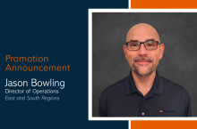 Promotional graphic with MacLellan branding showing a headshot of Jason Bowling wearing glasses and a dark polo shirt with the company logo, alongside text reading “Promotion Announcement – Jason Bowling, Director of Operations, East and South Regions."